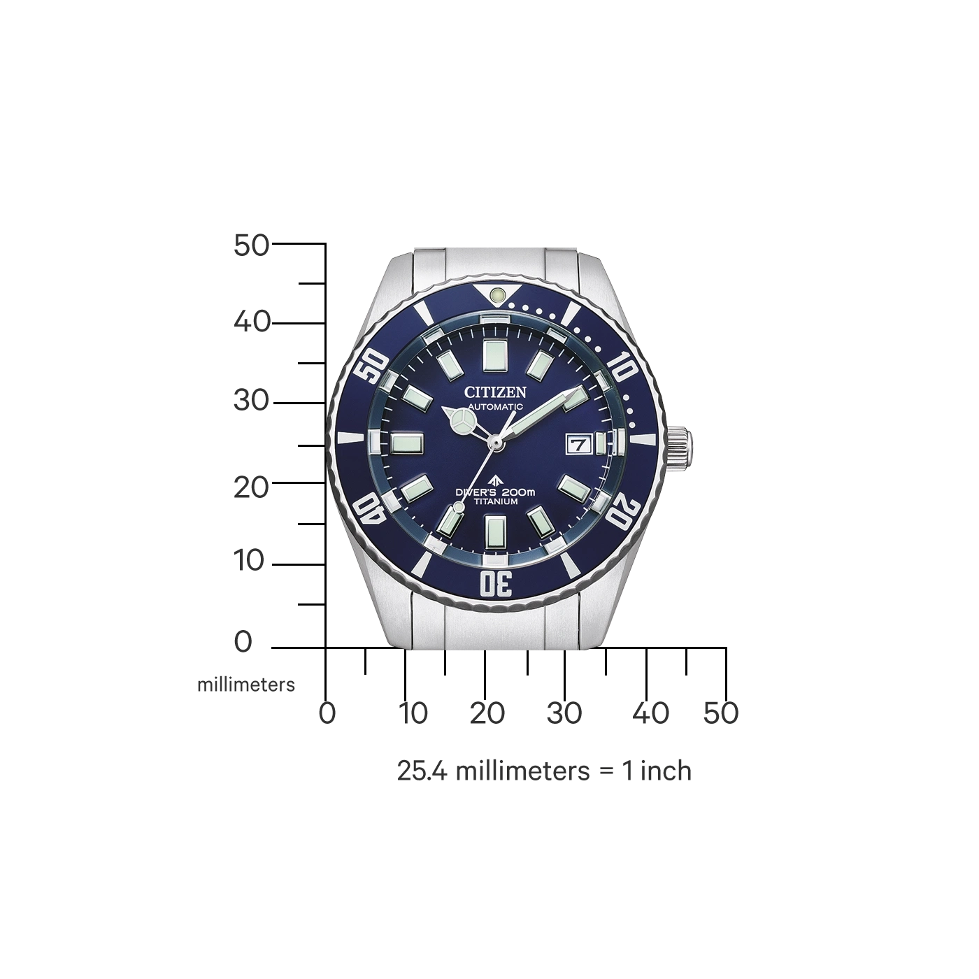 Citizen watch with blue dial, titanium, and measurement scale.
