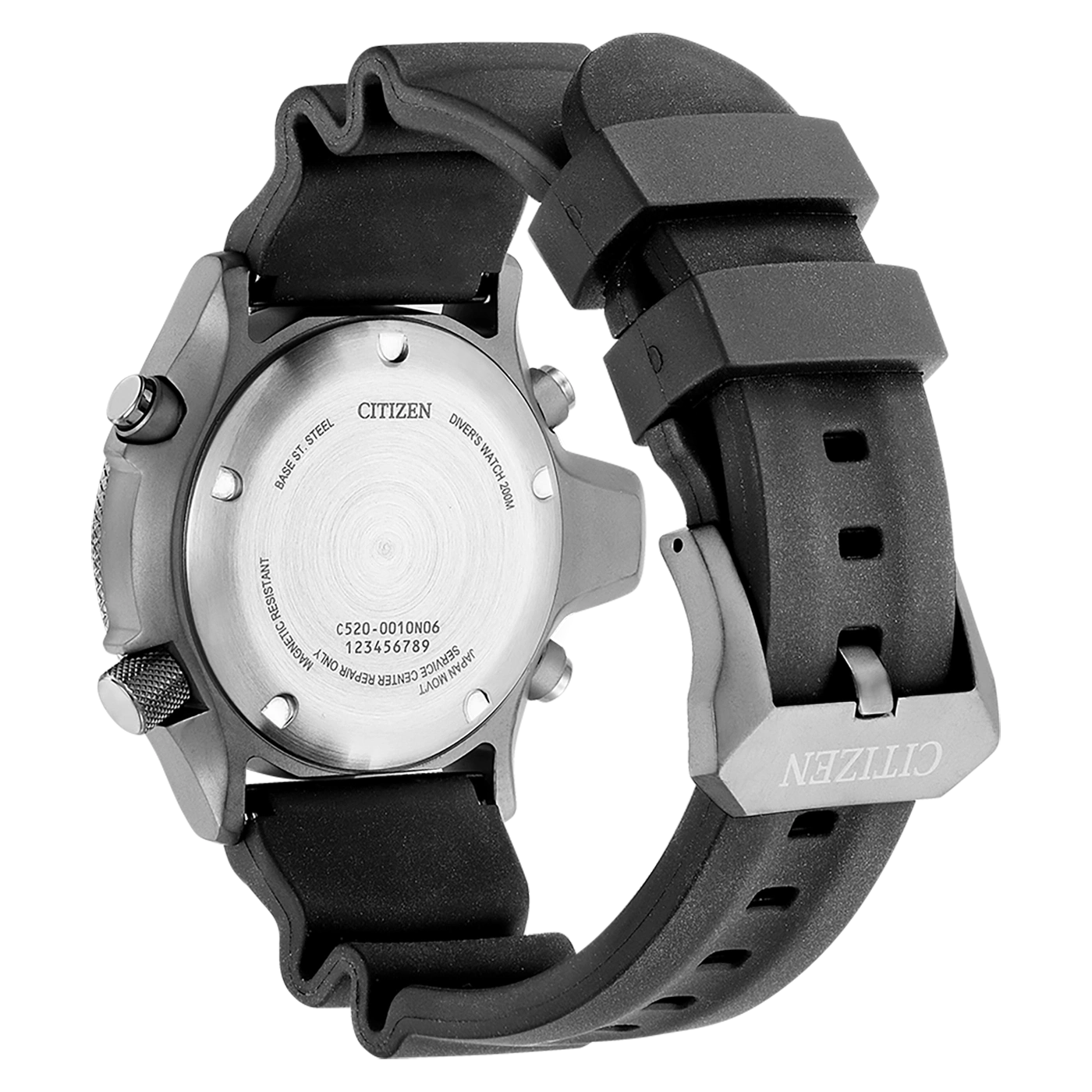 Citizen watch back, steel, black strap, diver's watch, magnetic resistant, Japan movt.