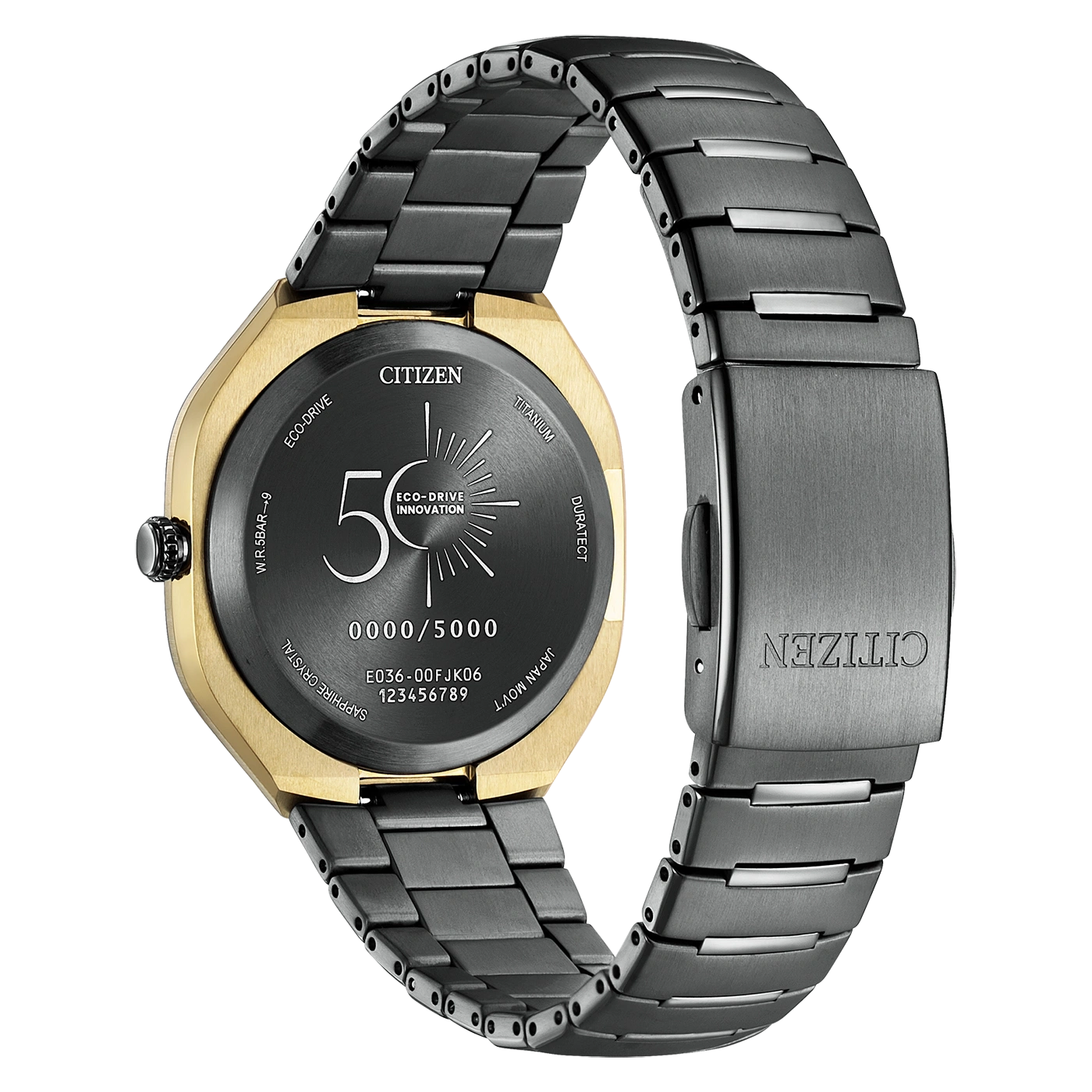 Back view of a Citizen Eco-Drive watch with gold bezel and titanium band.