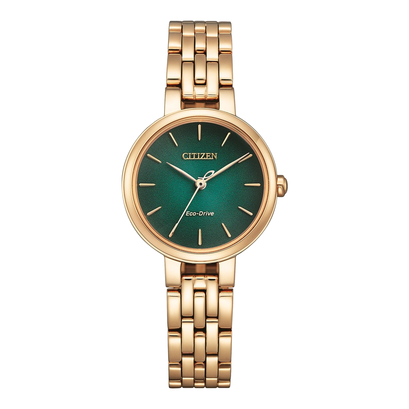 Citizen Eco-Drive watch with a green dial and gold bracelet.