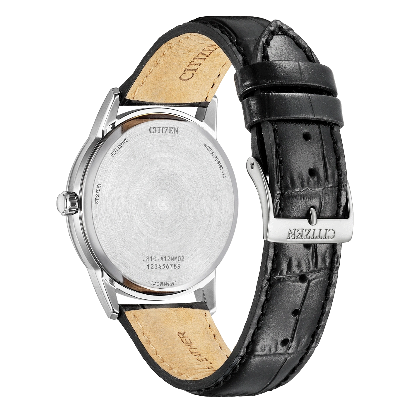Citizen watch back, leather strap, stainless steel, Eco-Drive, water resistant, Japan