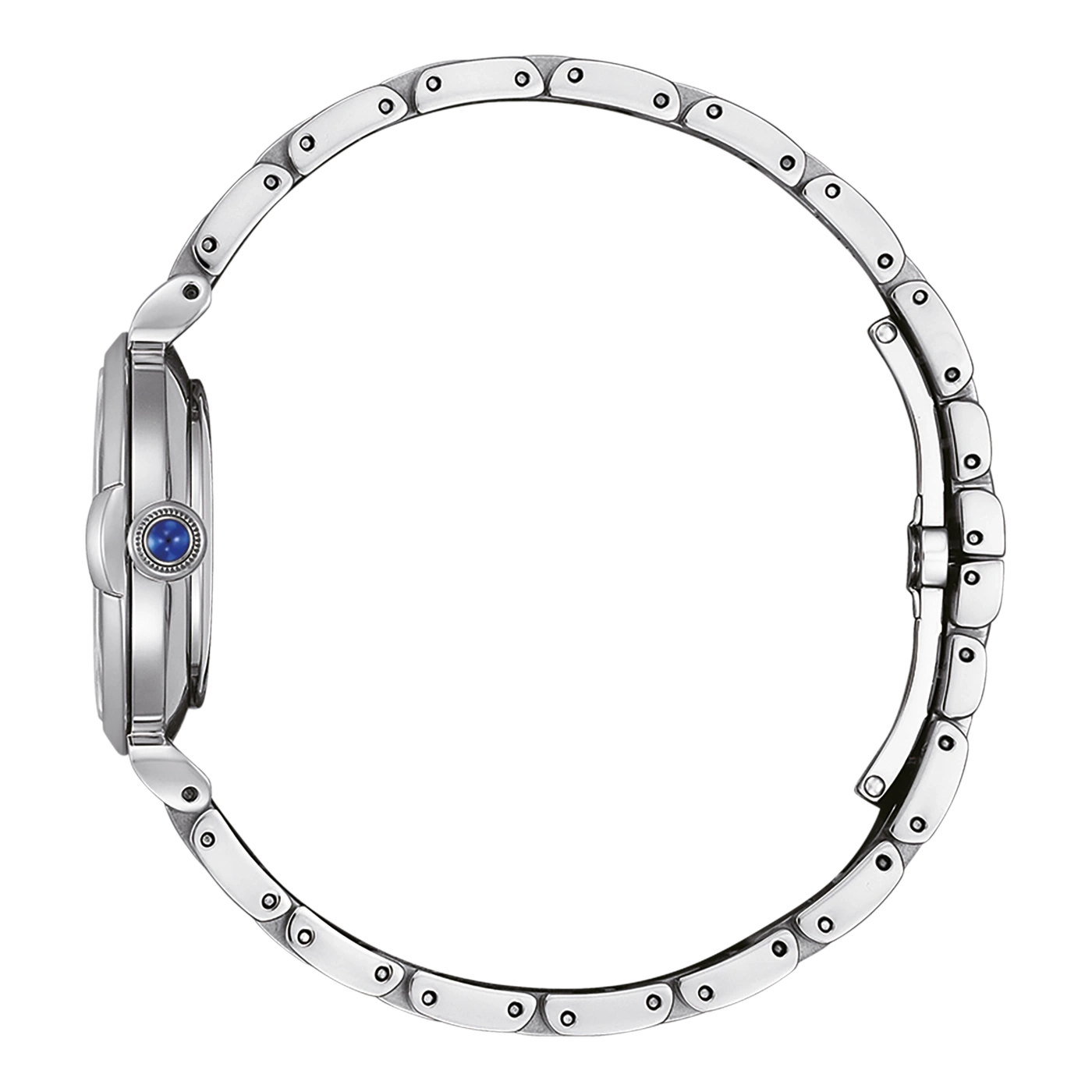 Silver watch with blue gem and metallic bracelet, side view.