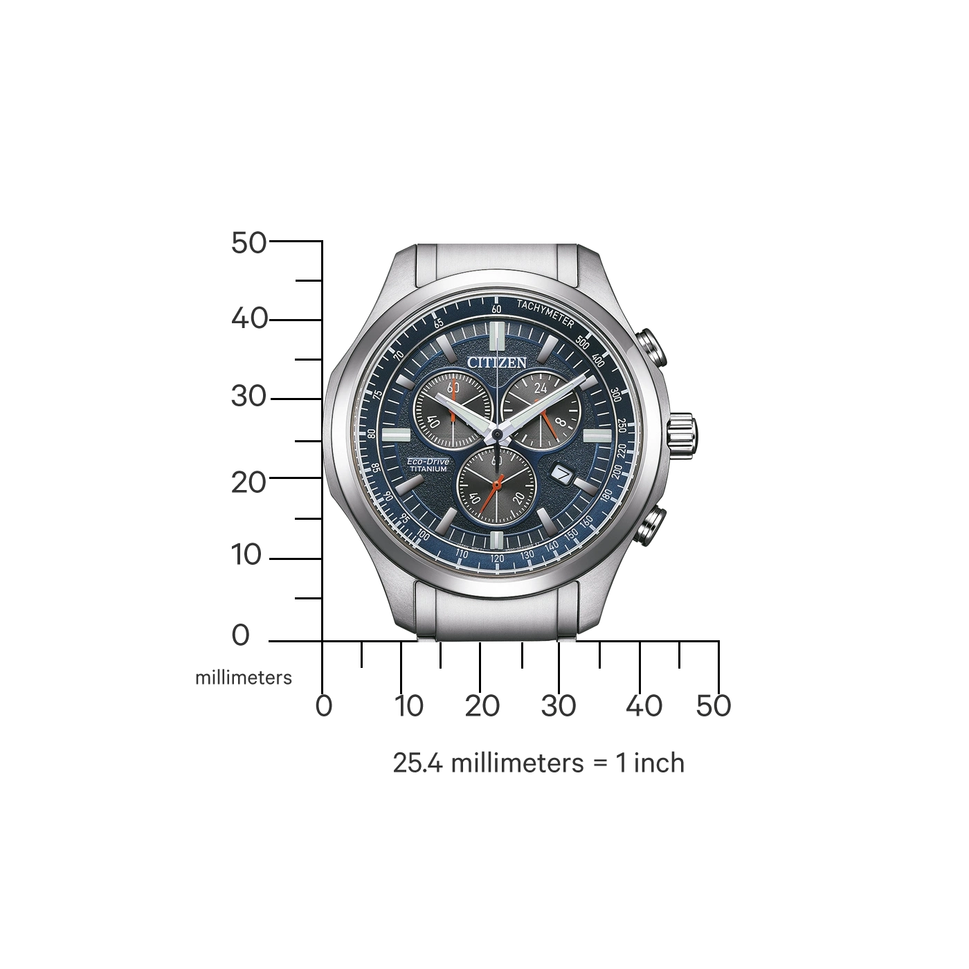 Citizen watch with tachymeter, Eco-Drive, and titanium features, with a blue dial.