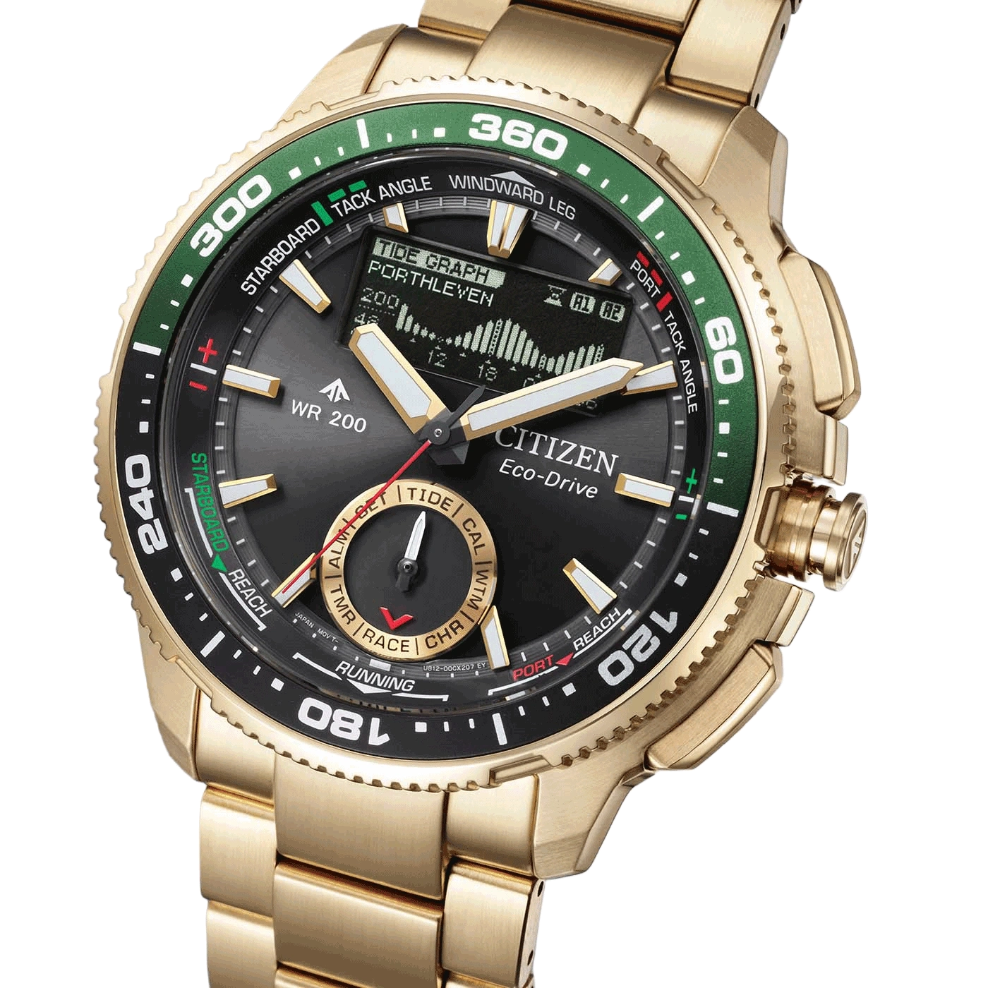 A gold Citizen Eco-Drive watch with a black face and green bezel, featuring a tide graph display.