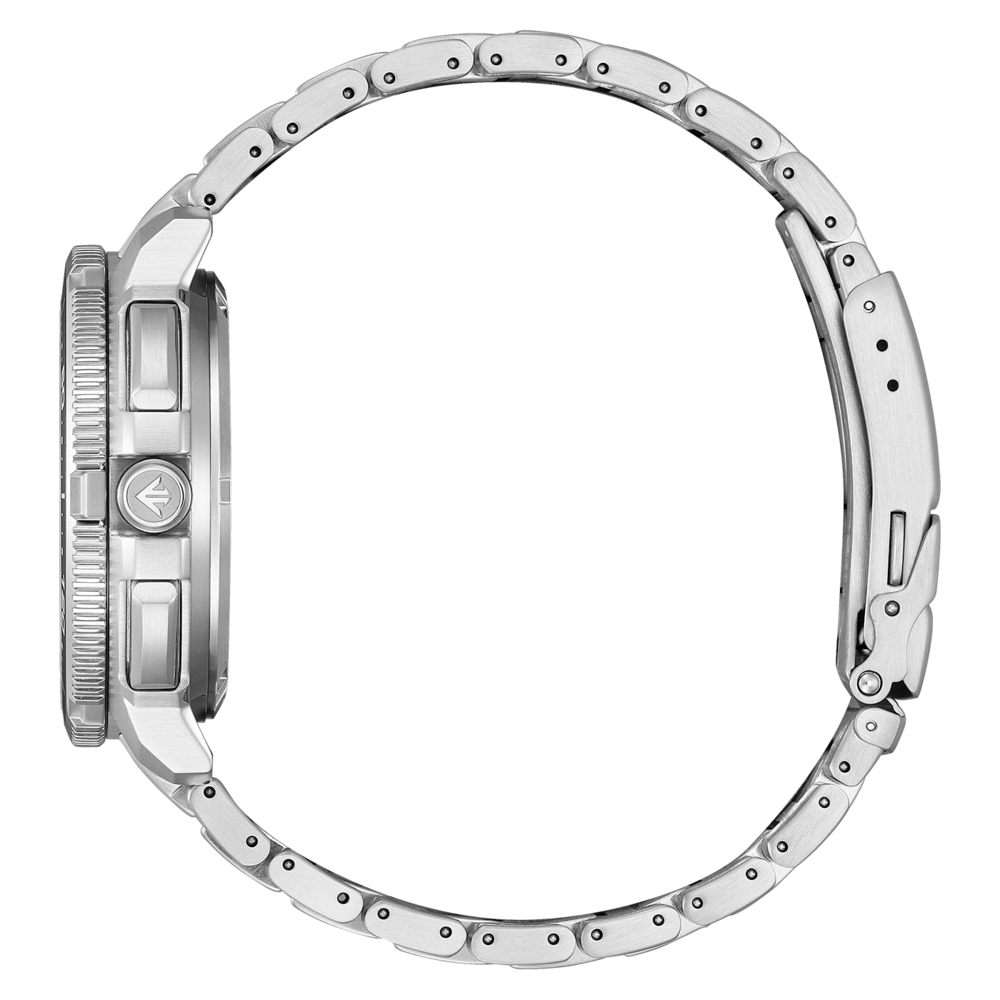 Side view of a silver watch with a metal band.