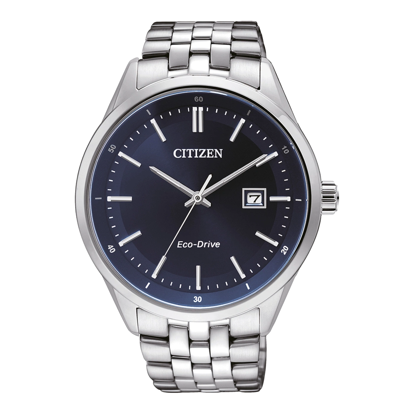 Citizen watch with a blue dial and silver bracelet, Eco-Drive technology.