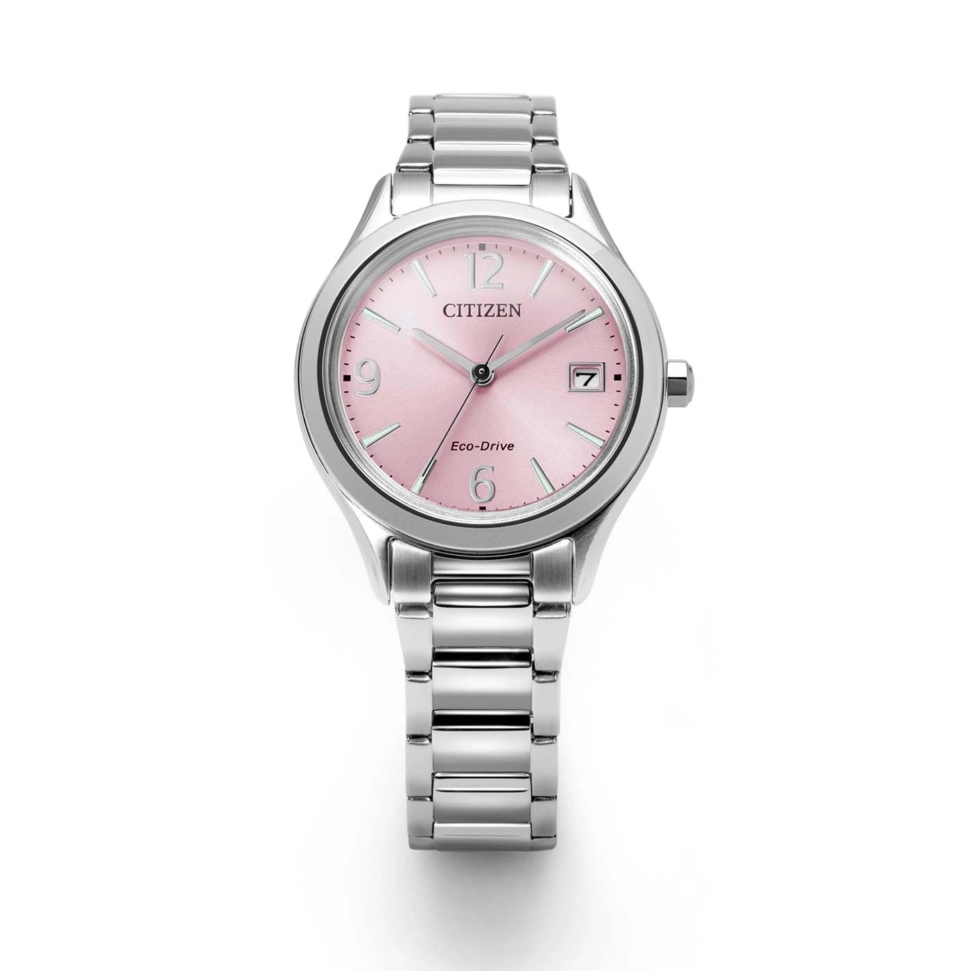 A silver Citizen Eco-Drive watch with a pink dial and silver band.