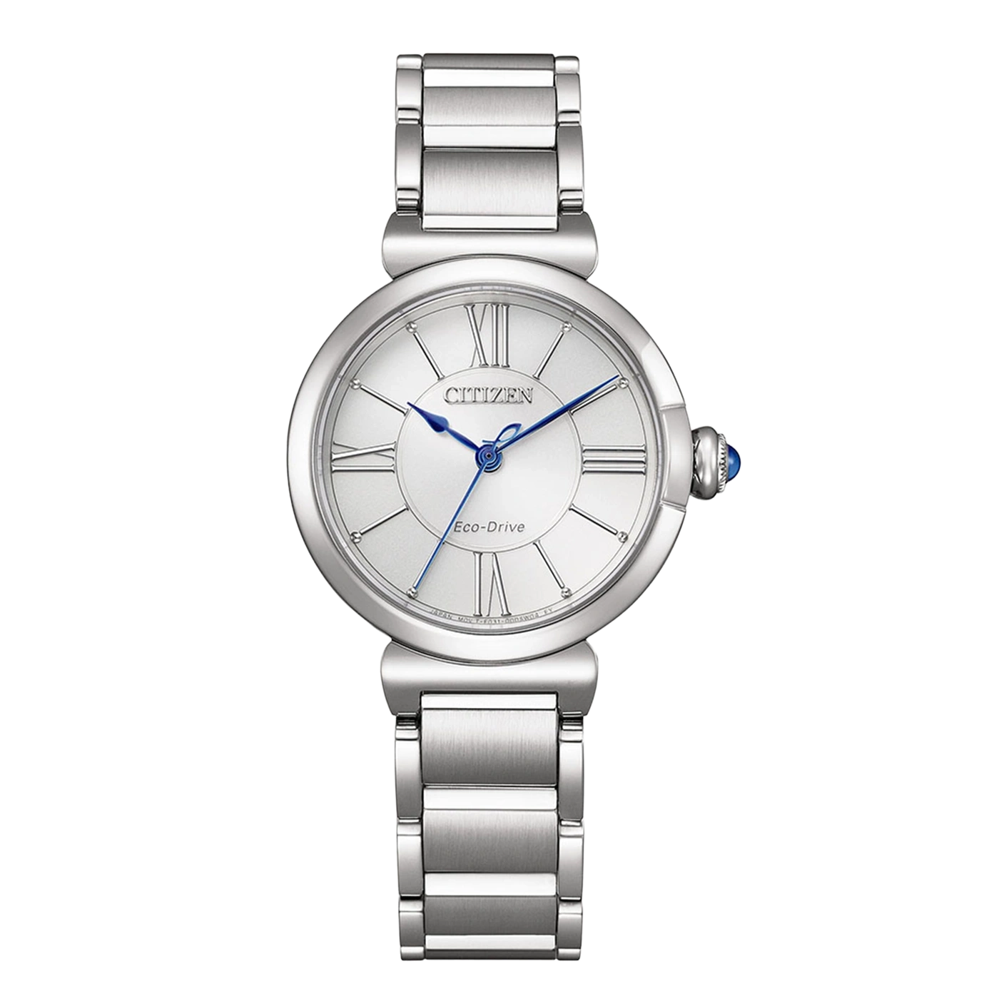 A silver Citizen Eco-Drive watch with Roman numerals and blue hands.