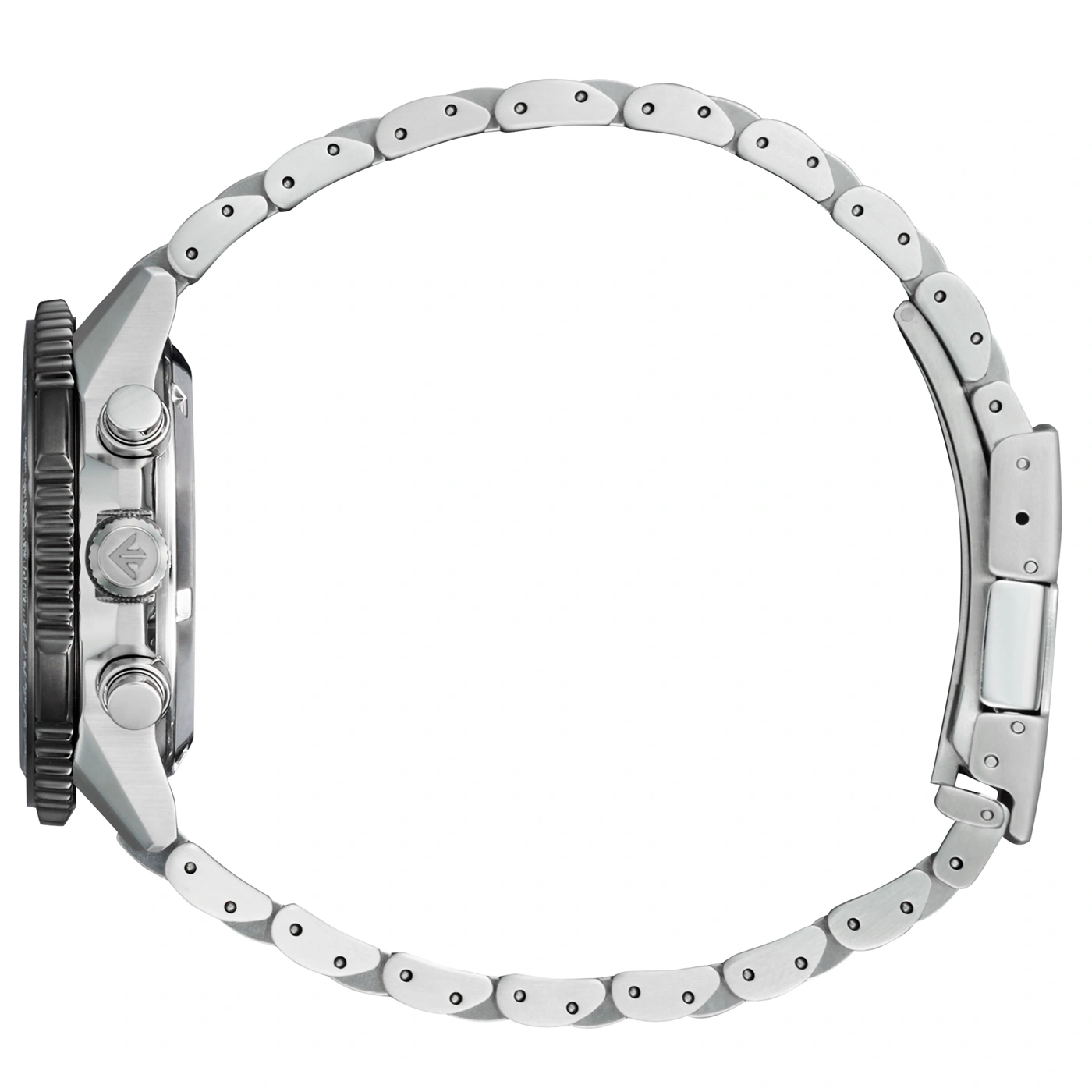 A silver watch bracelet with a detailed clasp and watch case.
