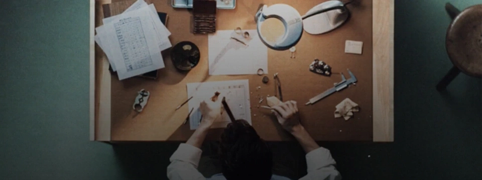 Jeweler at work, crafting jewelry on a wooden desk with tools and papers.