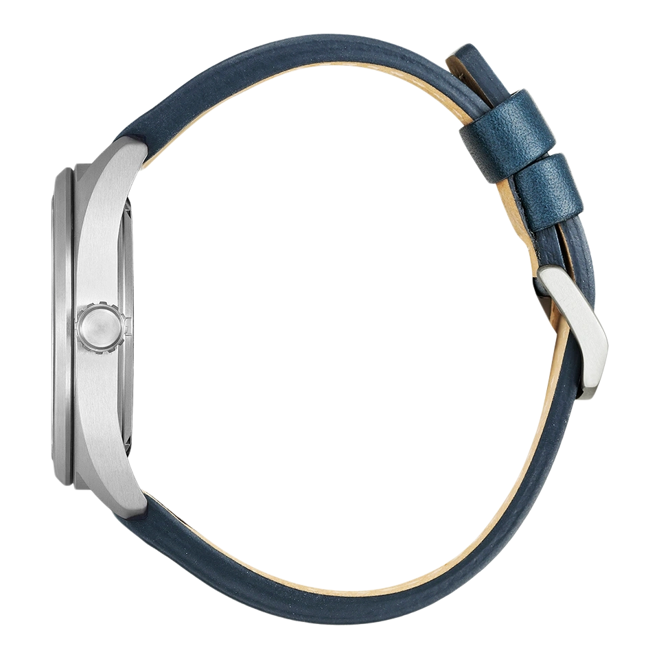 Side view of a silver watch with a blue leather strap.