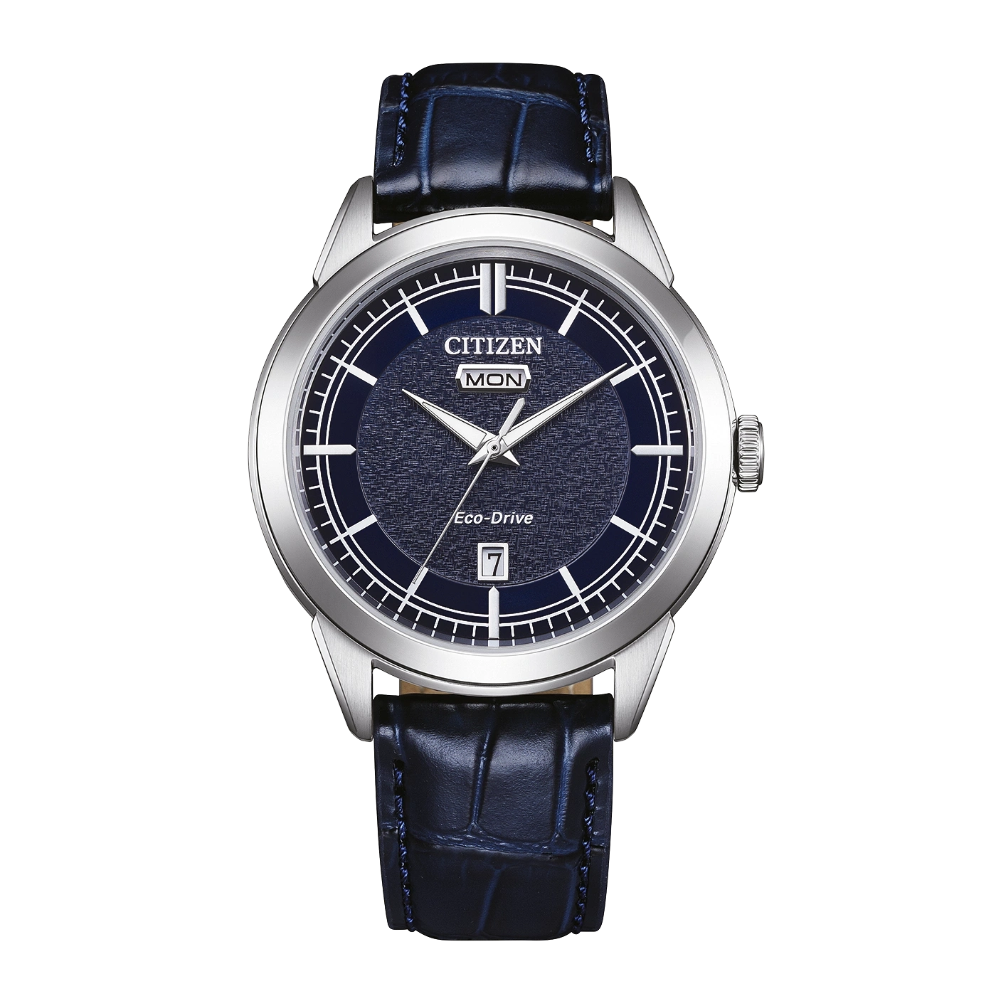 A blue Citizen Eco-Drive watch with a leather strap.