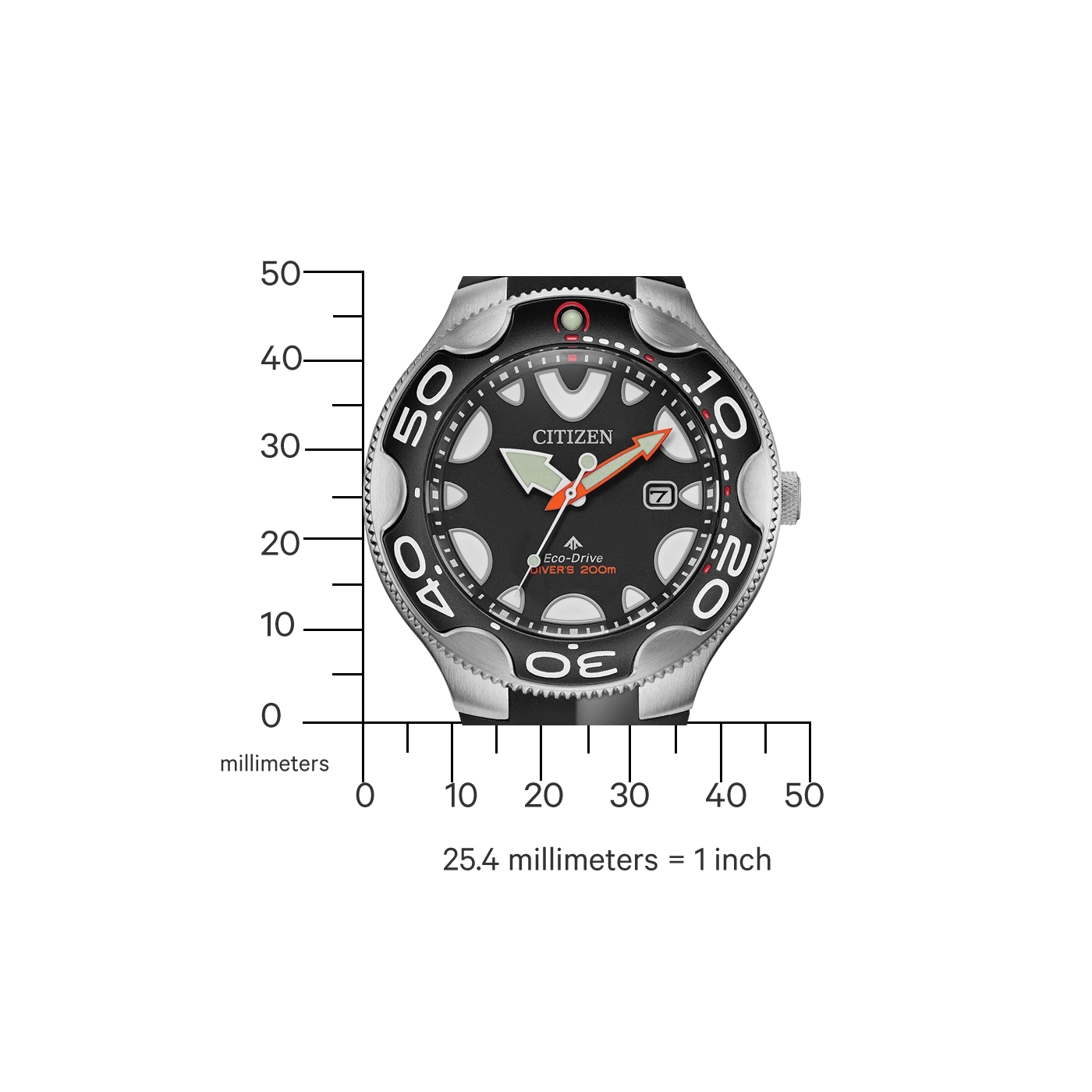 Citizen watch with black dial, numbers, and orange hand. Eco-Drive.