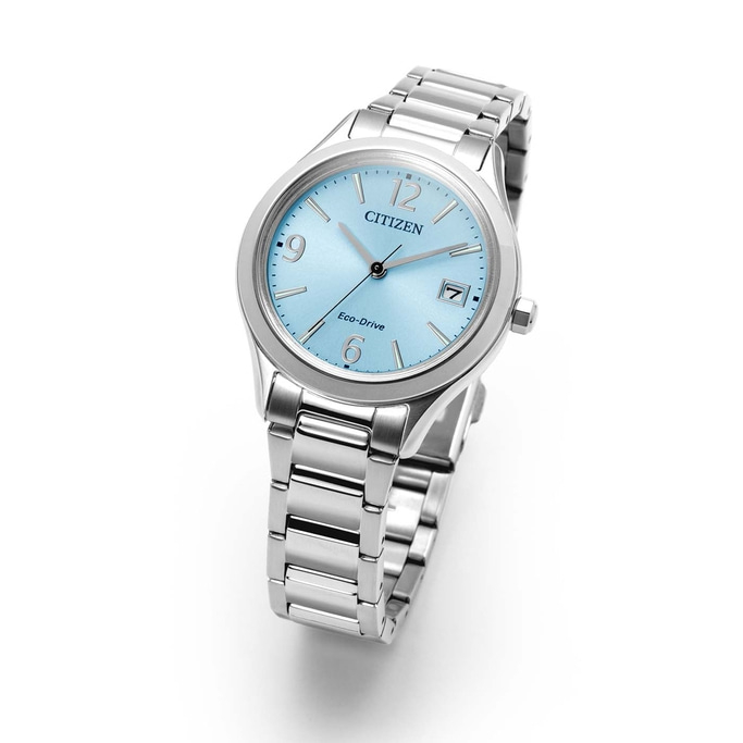 A silver Citizen Eco-Drive watch with a light blue face and silver band.