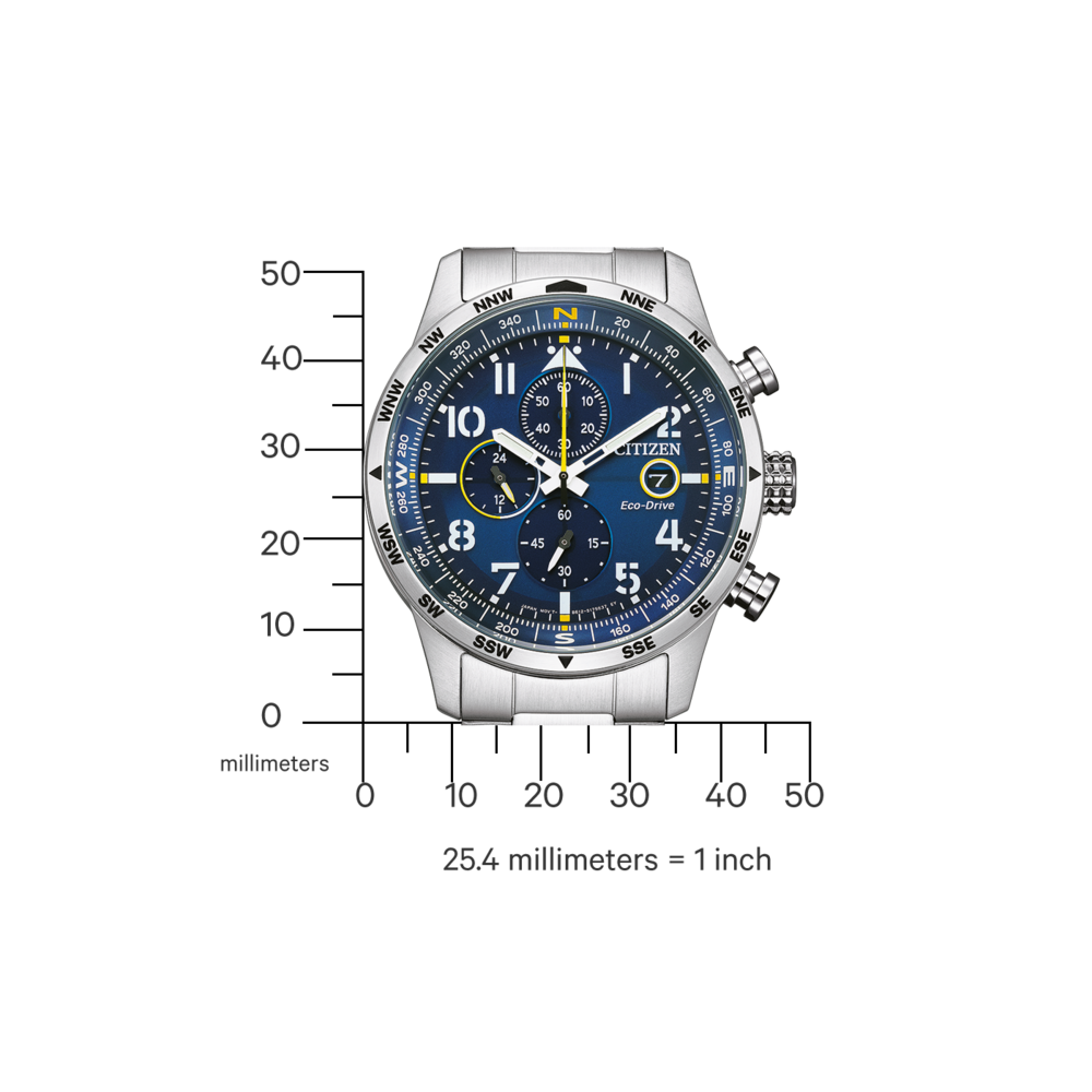 Citizen watch with blue face, chronograph, and compass markings, measuring in millimeters.