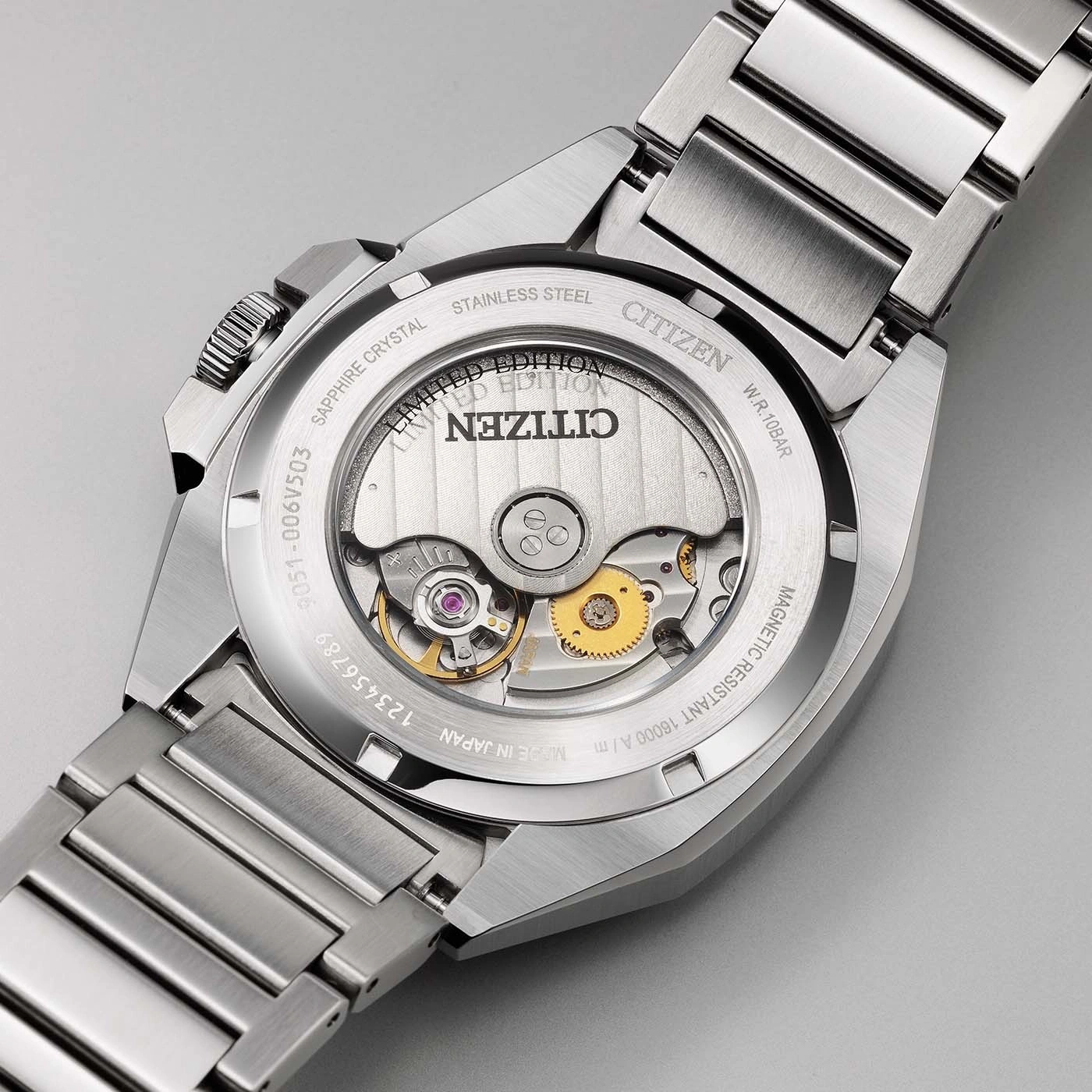 Citizen watch back with sapphire crystal, stainless steel, and magnetic resistance.