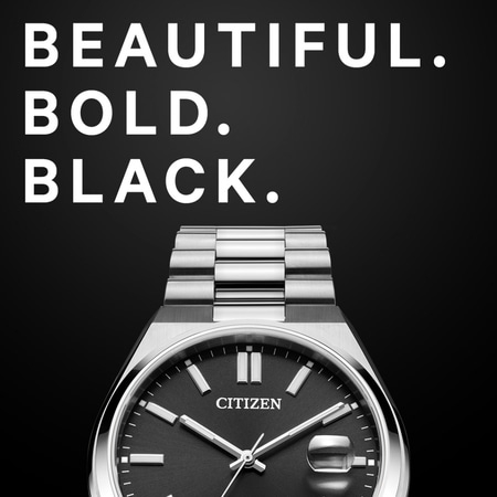 Citizen watch with the words 'Beautiful. Bold. Black.' on a black background.