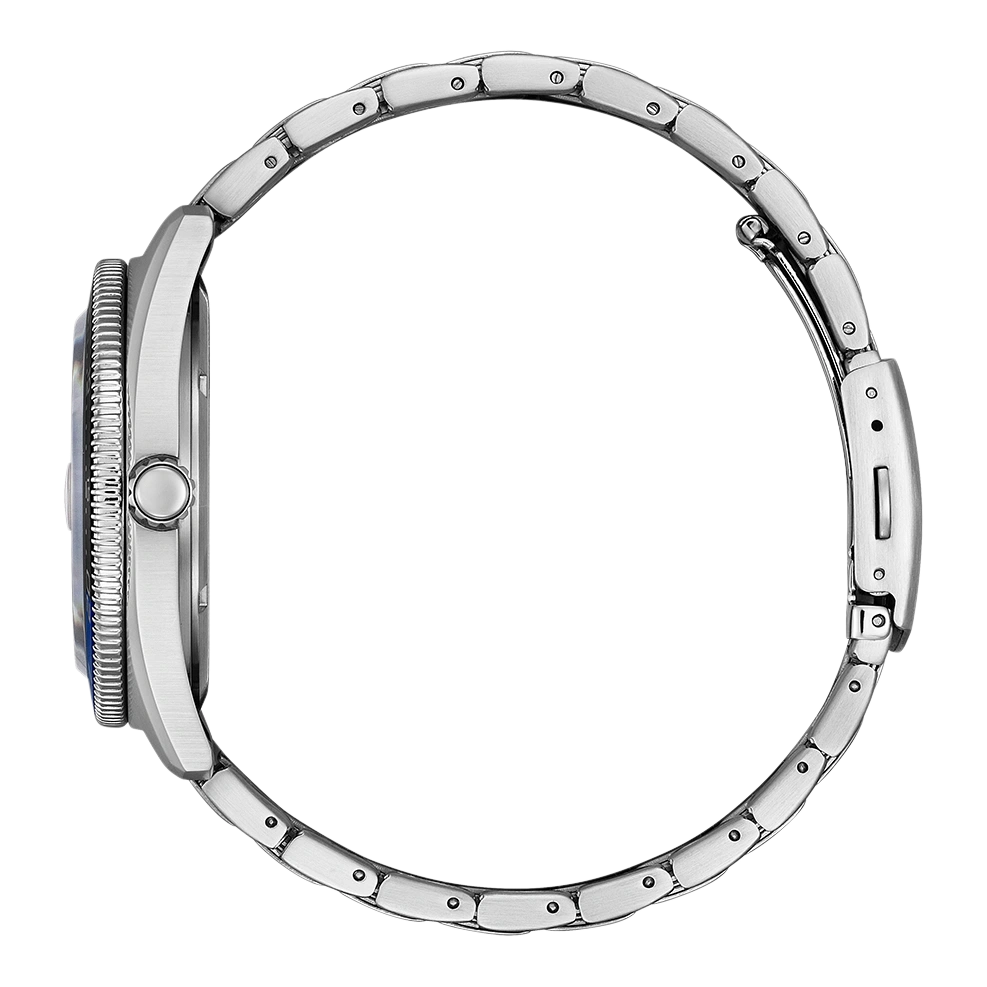 Silver watch with a blue dial and a metal strap, side view.