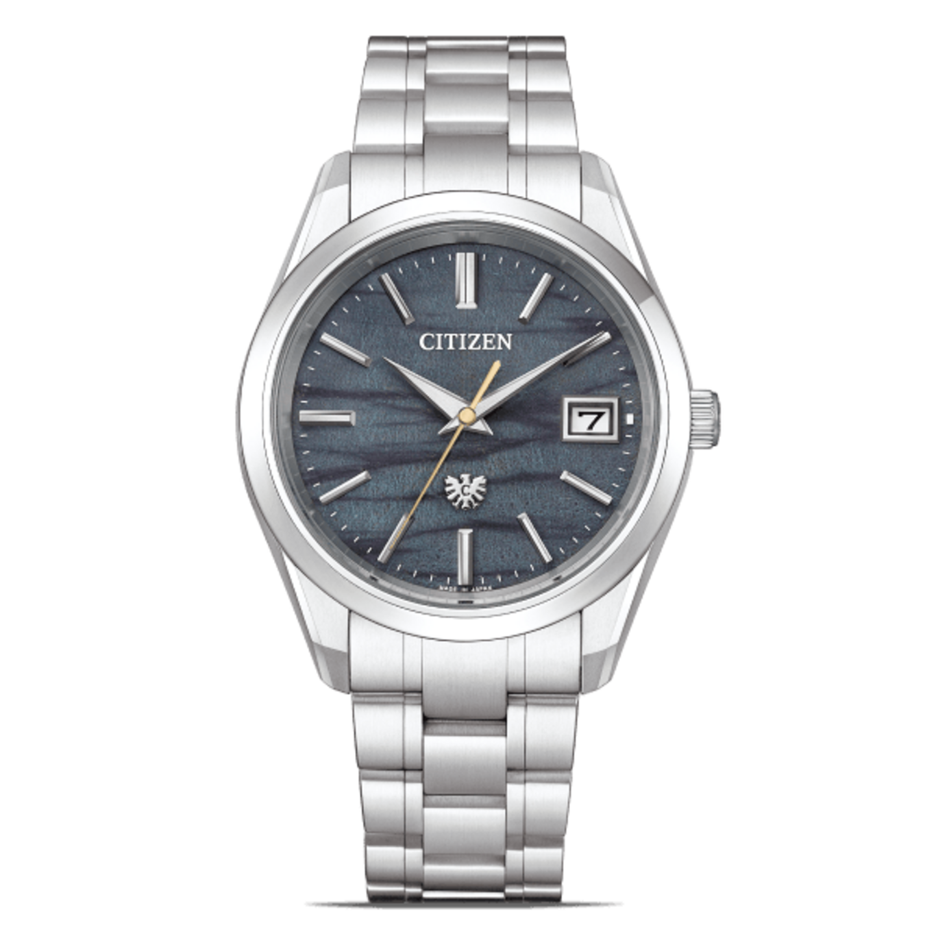 Citizen watch with a silver band and a dark blue face with the date.