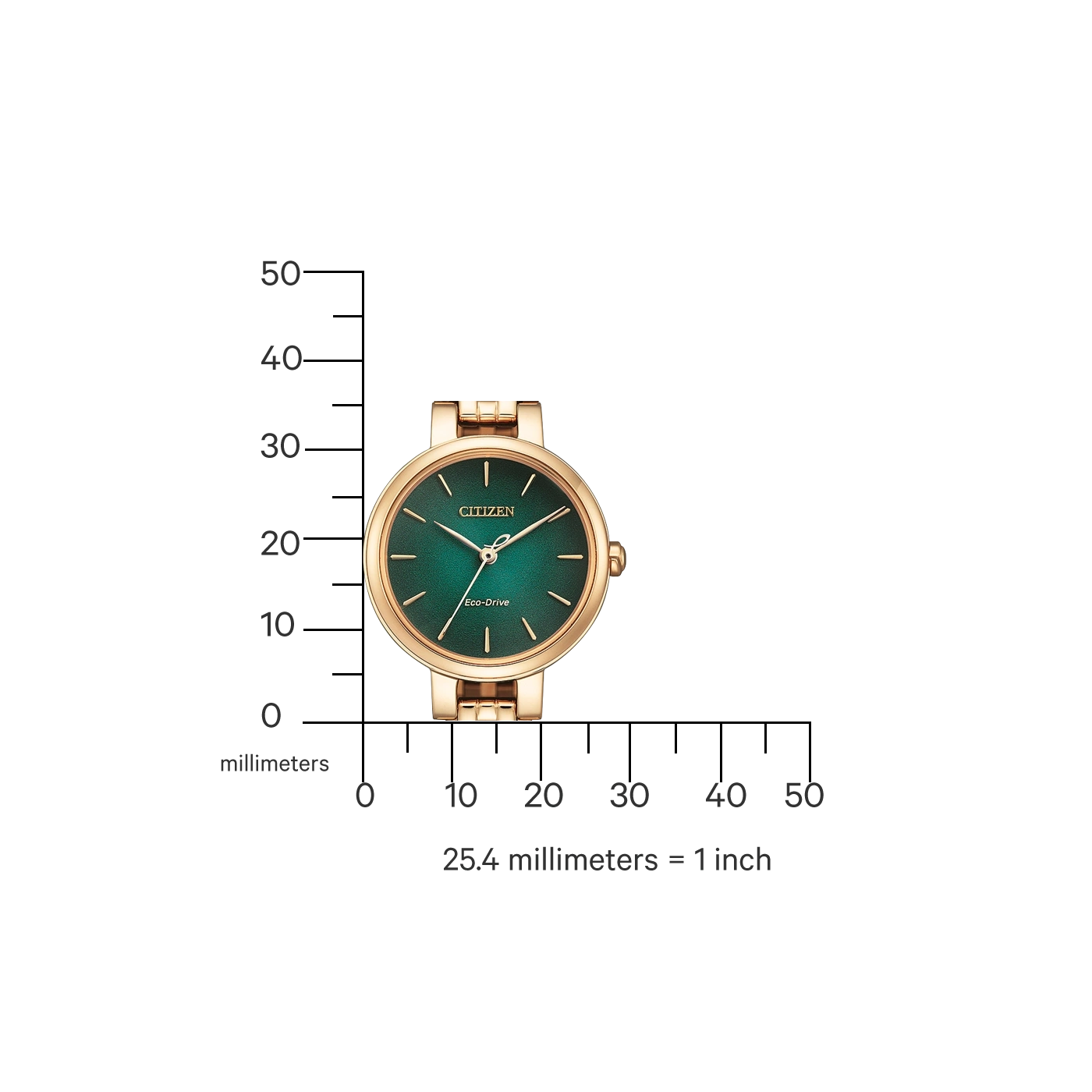 Citizen watch with a green face and gold band, with a ruler.