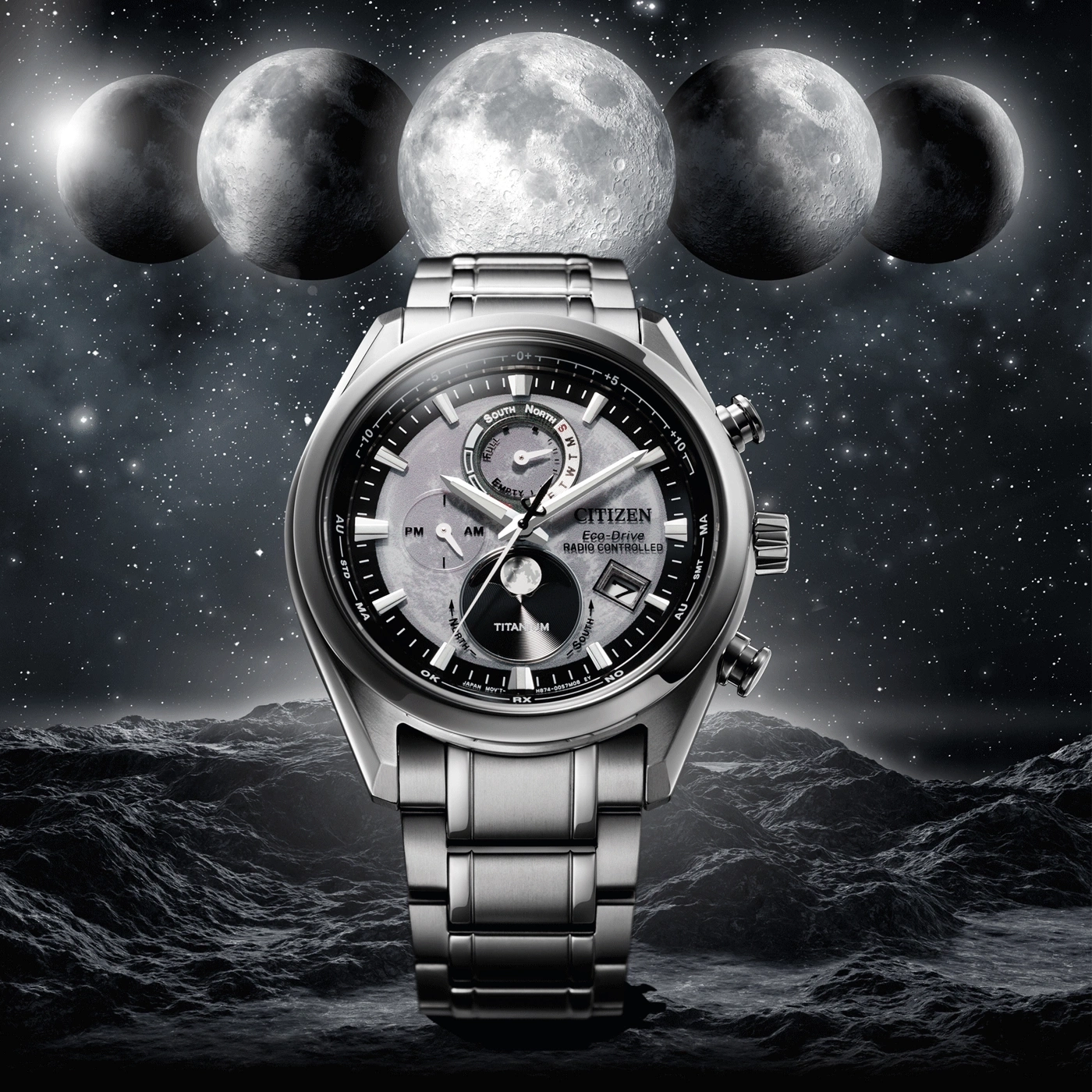 Citizen watch on a lunar surface with moons in the background, space theme.