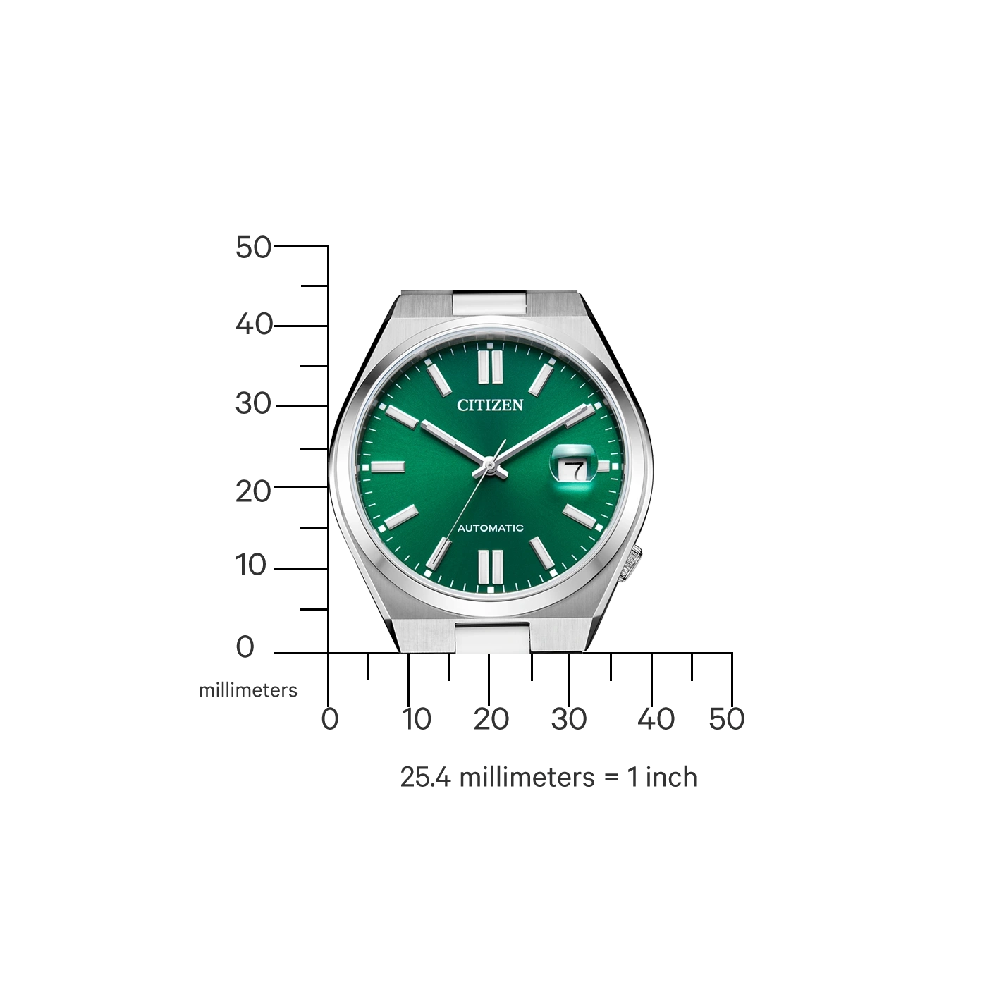 Citizen watch with green face, automatic, and a silver case. Measurement scale.