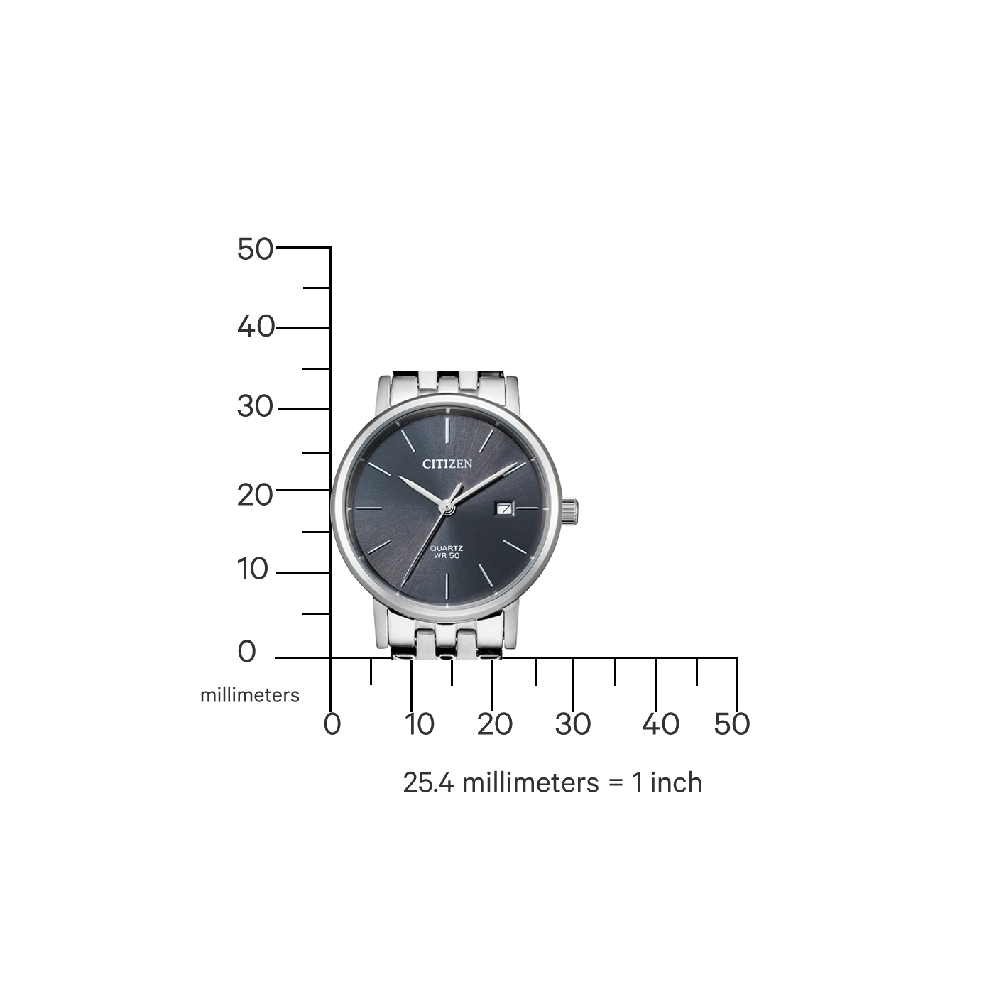 Citizen watch with a dark gray face and a silver band, with a ruler.