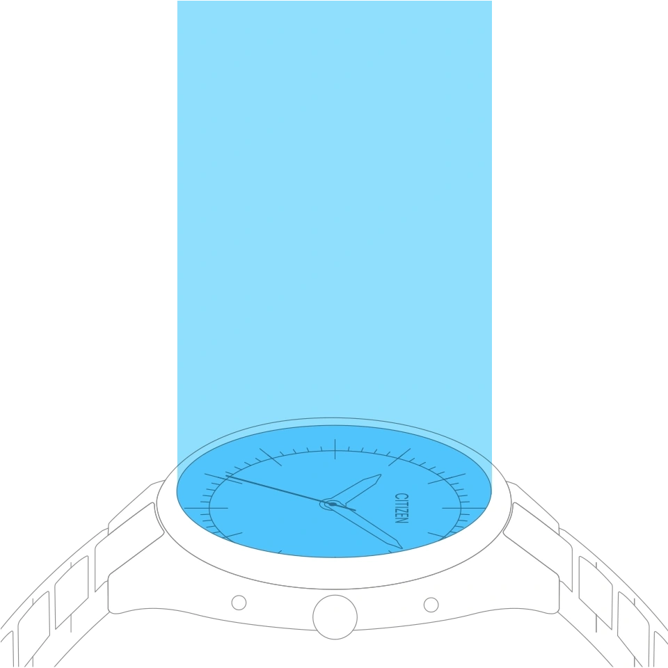 Citizen watch with blue face and light blue background, black background