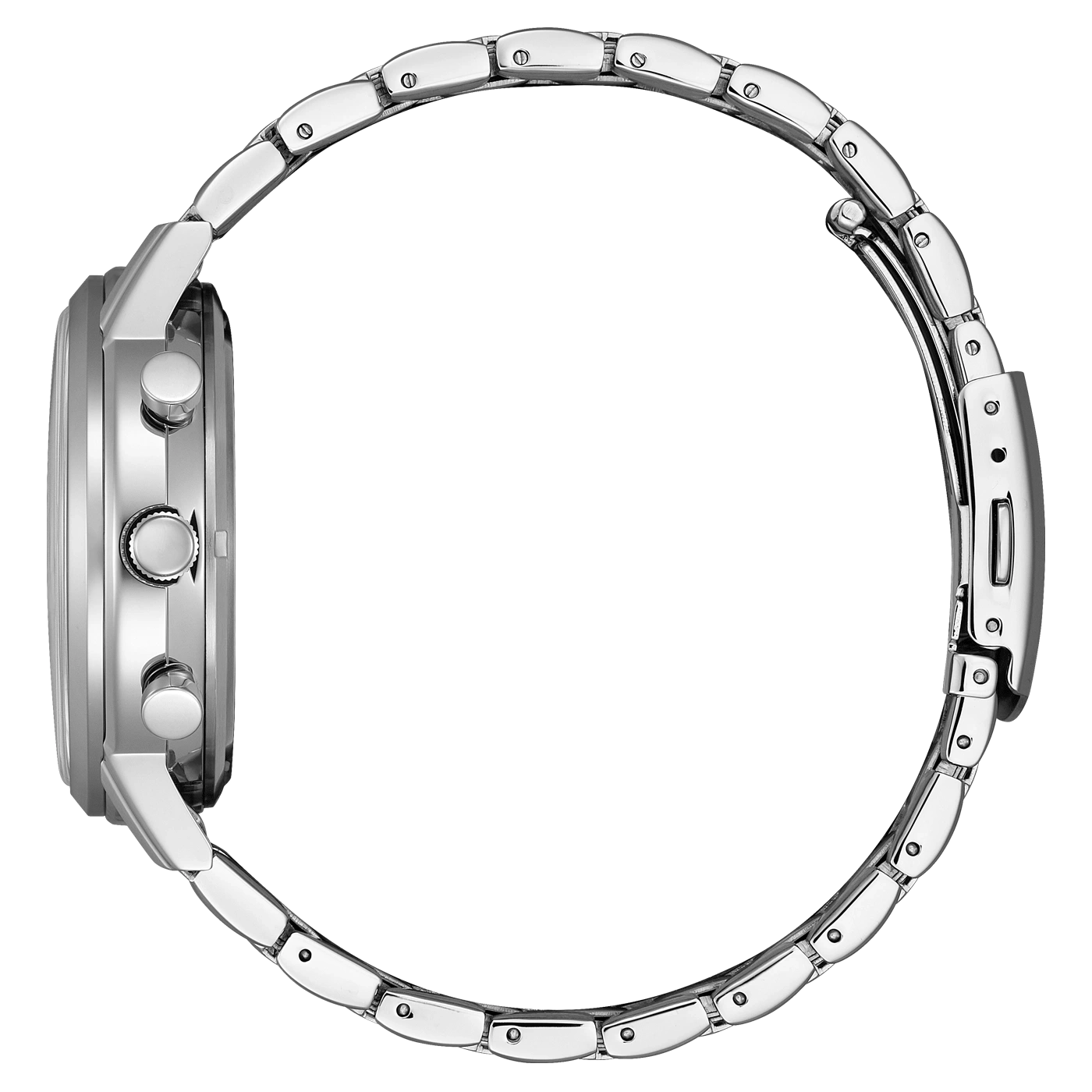 Side view of a silver wristwatch with a metal band and buttons.