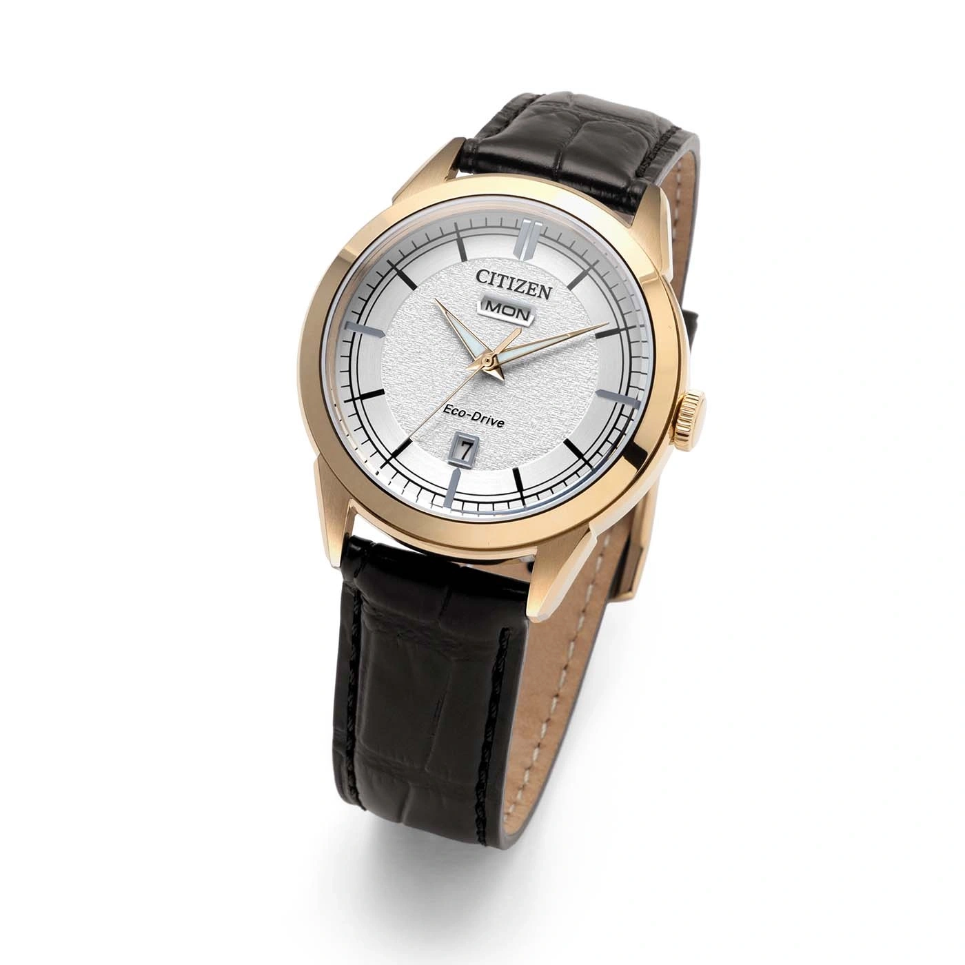 A Citizen Eco-Drive watch with a white textured dial and a black leather strap.