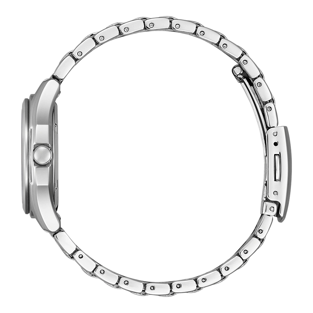 Silver watch with a circular band, side view, elegant design, shiny metal