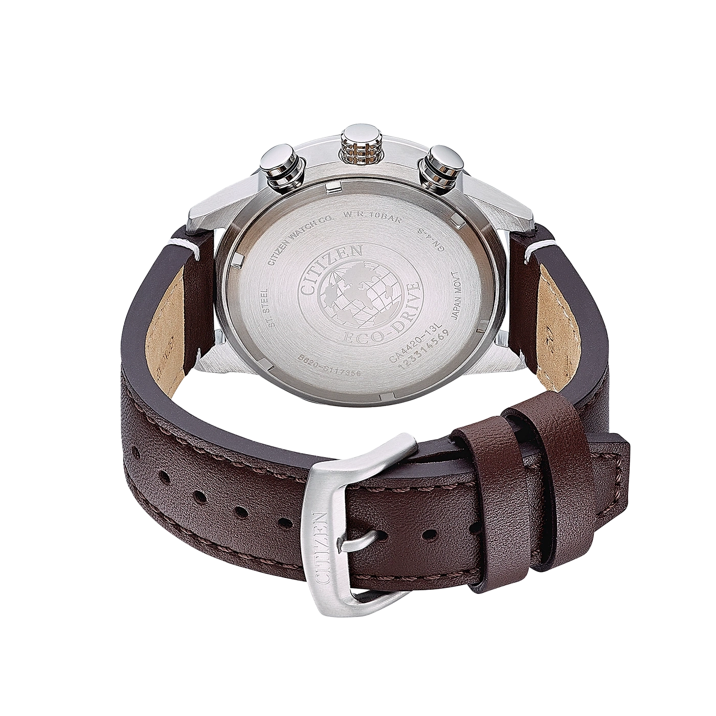 Citizen watch back, brown leather strap, stainless steel, Eco-Drive, Japan movement.