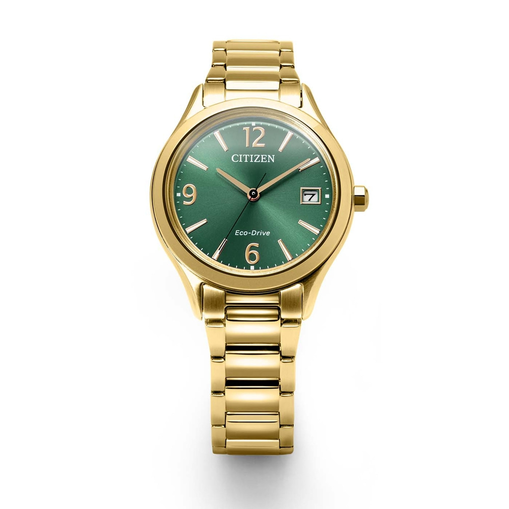 A gold Citizen Eco-Drive watch with a green dial.