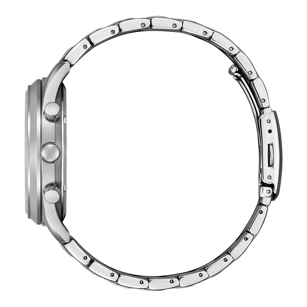 Side view of a silver wristwatch with a metal band and buttons.