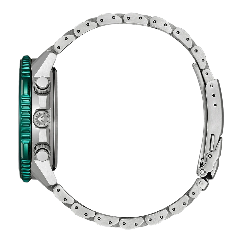 Side view of a silver watch with a green bezel and metal strap.