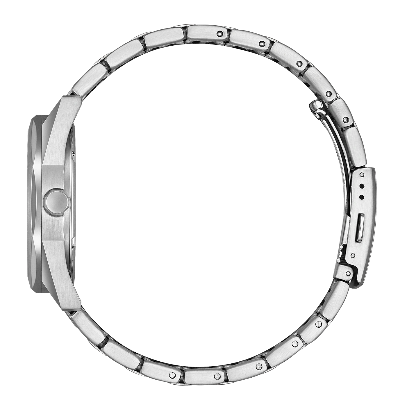 Side view of a silver watch with a metal band.