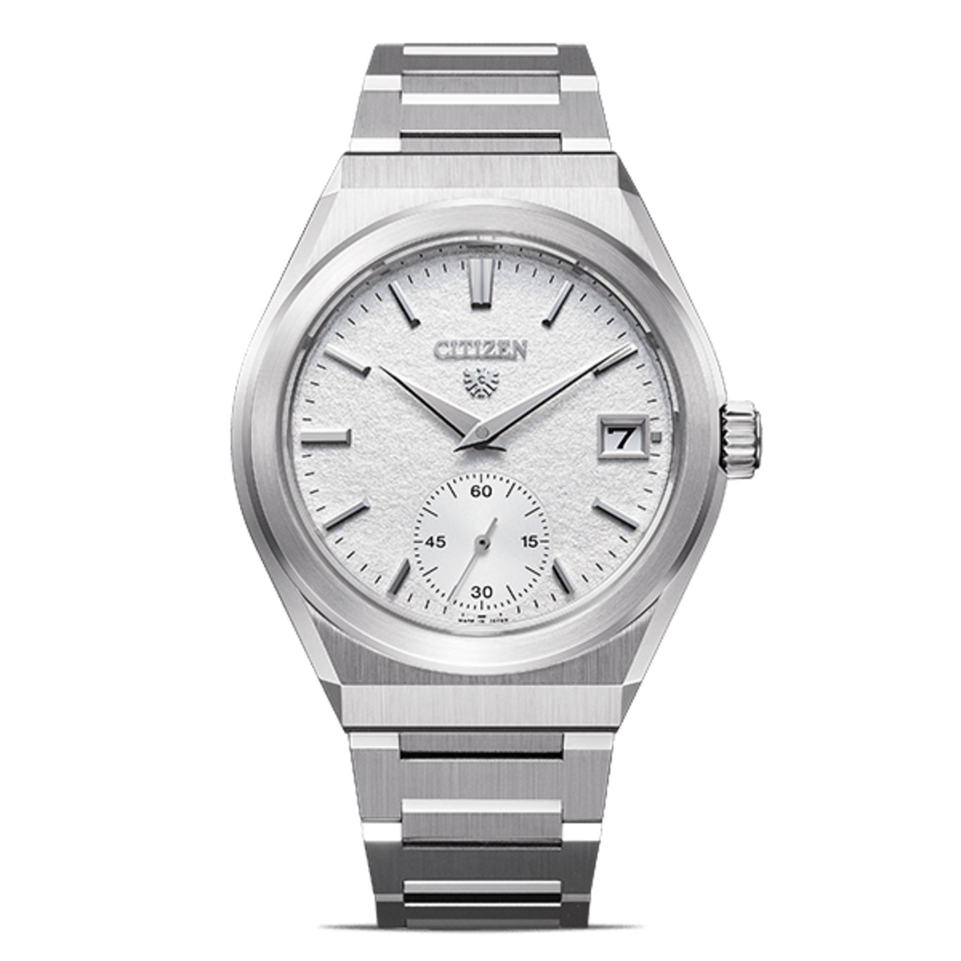 Citizen watch with a white face and silver band, elegant design.