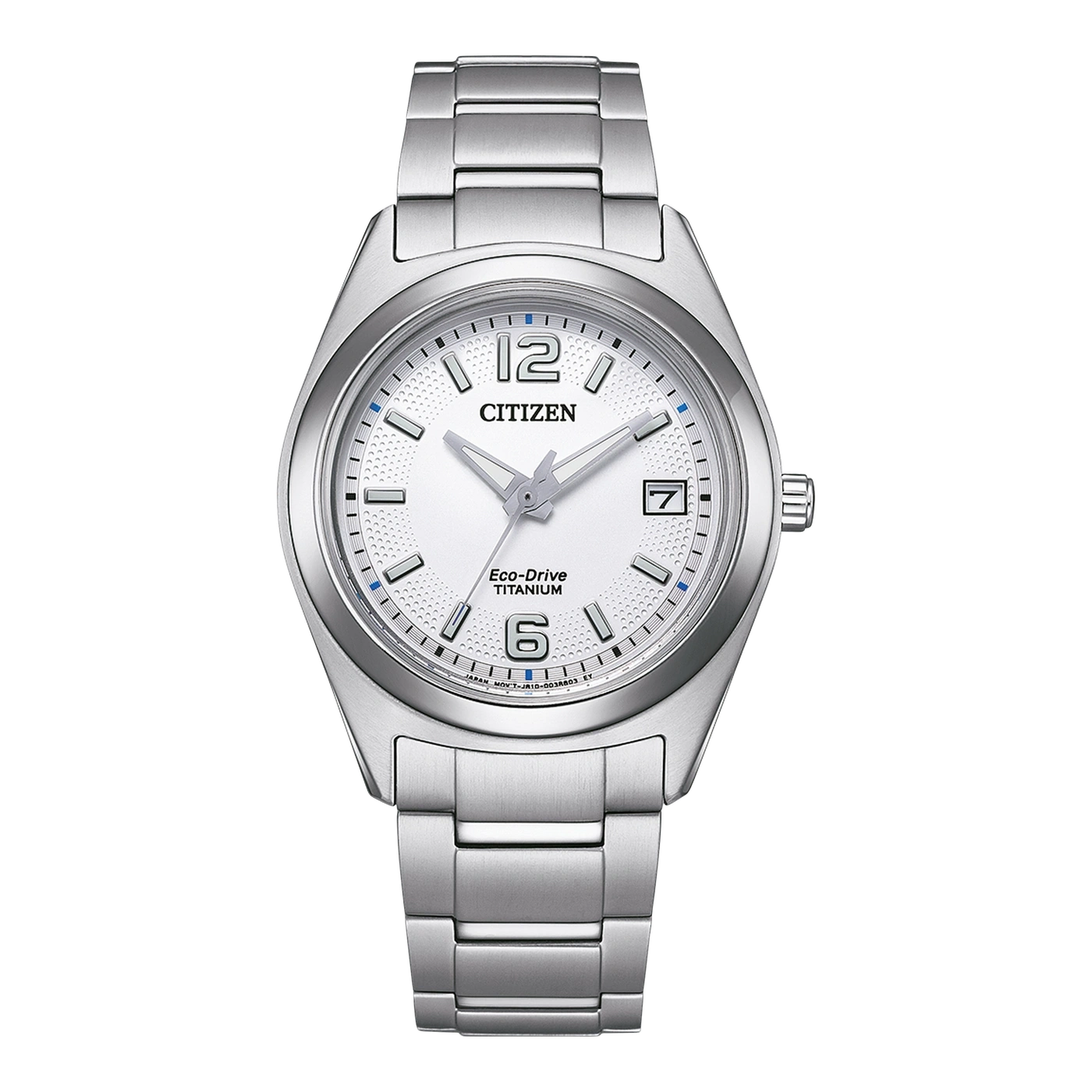 Citizen watch with white dial and titanium bracelet, Eco-Drive technology.