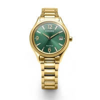 A gold Citizen Eco-Drive watch with a green dial.