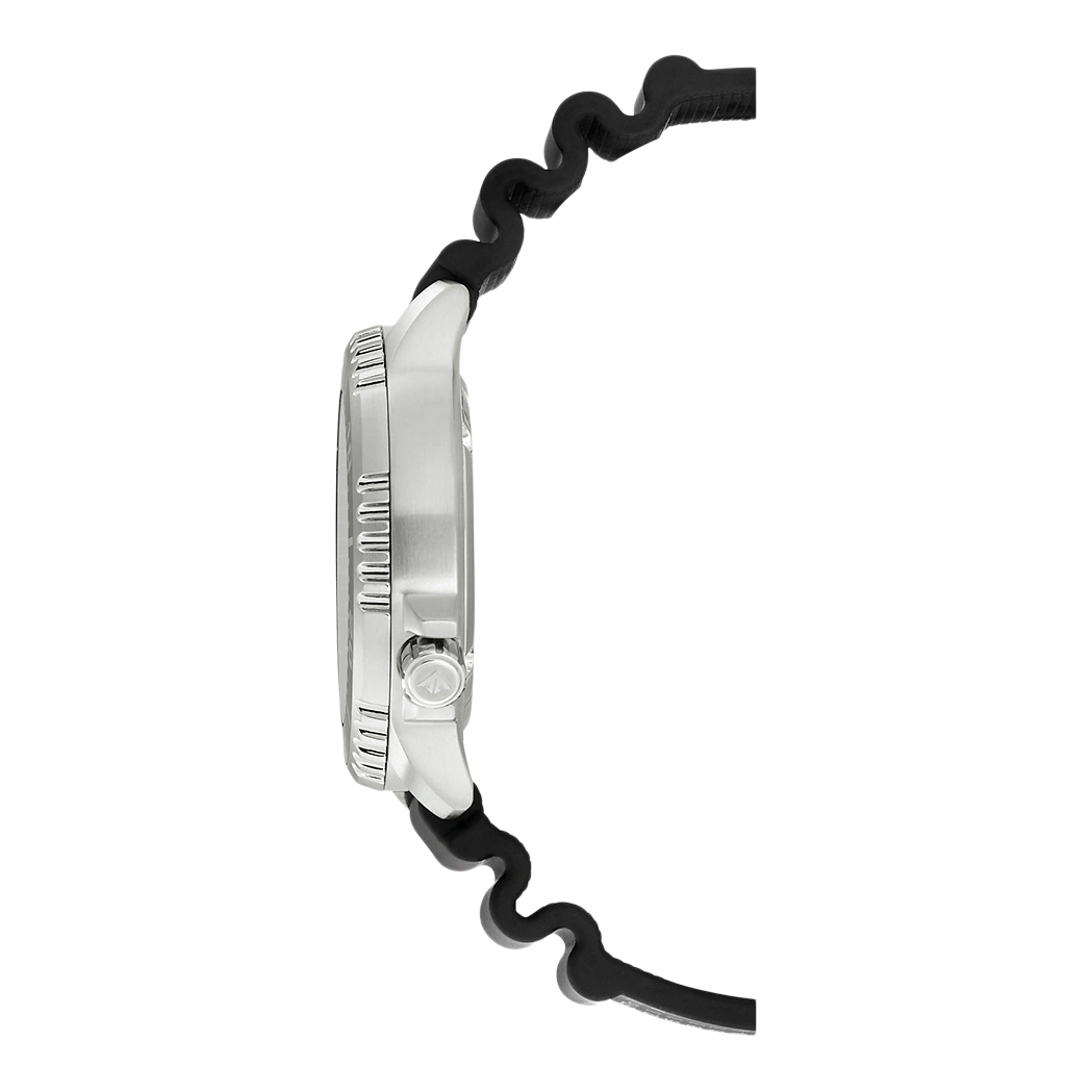 Side view of a silver watch with a black rubber strap