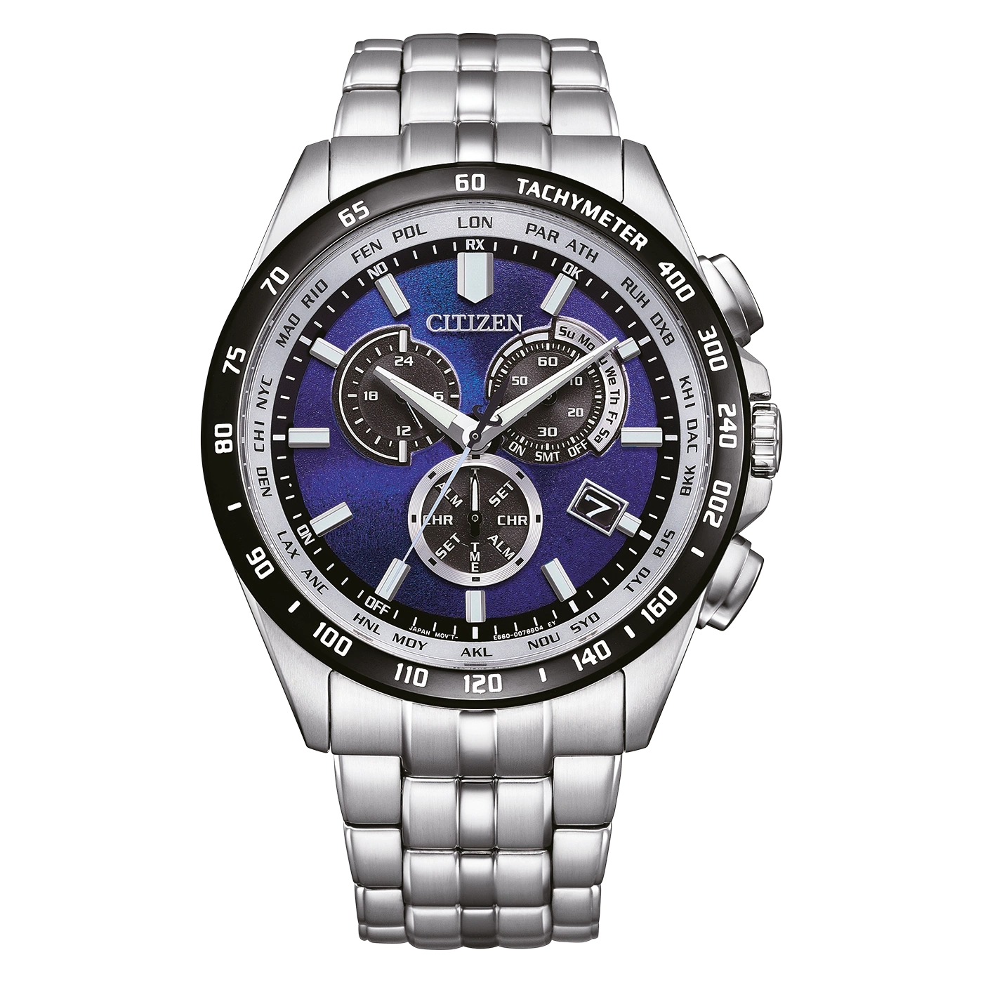 Citizen watch with blue face, silver band, and chronograph features.