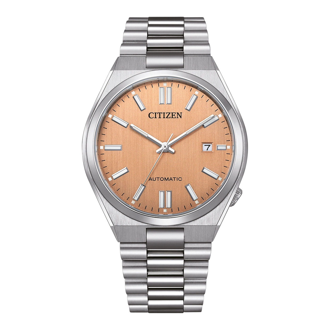 Citizen watch with a salmon dial and stainless steel bracelet.