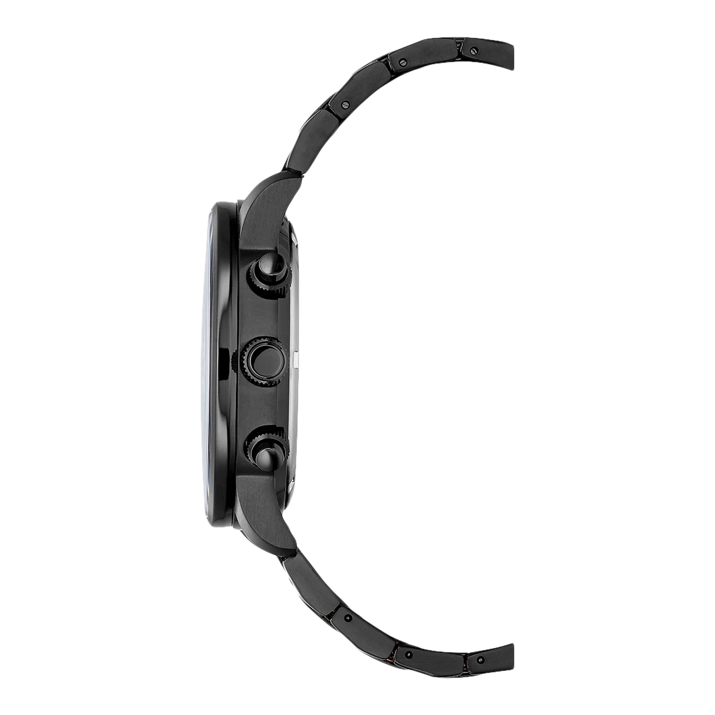 Black watch with a black strap, side view, isolated on white background.