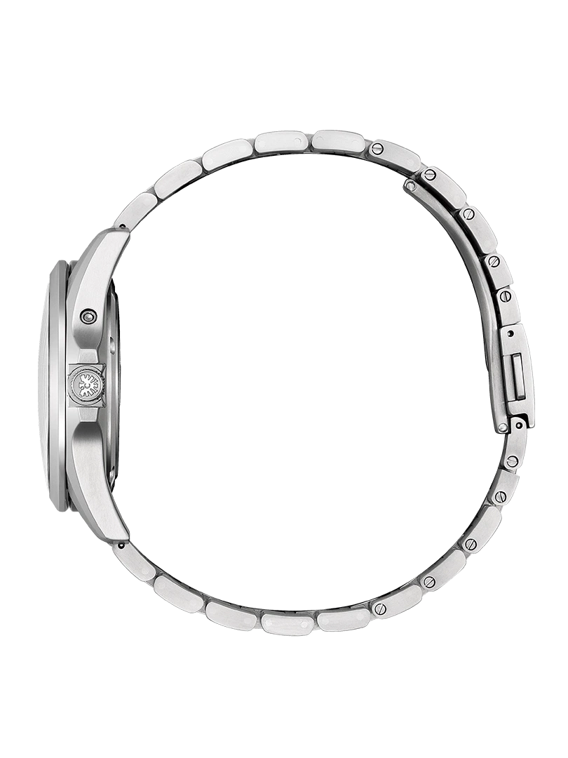 Side view of a silver wristwatch with a metal band on green background.