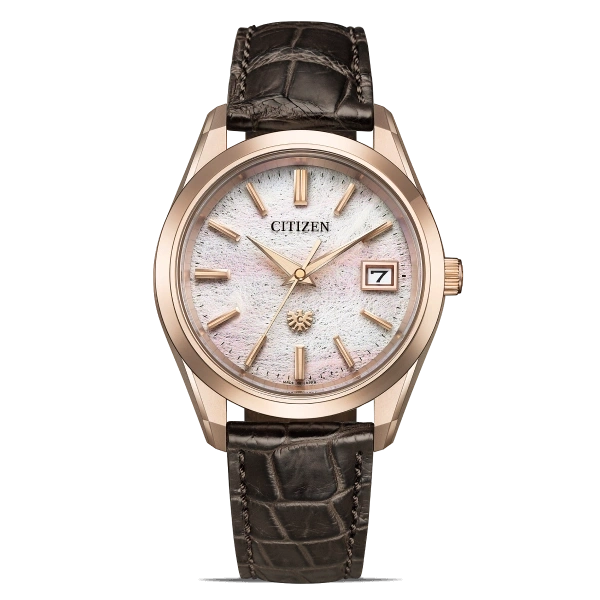 Citizen watch with a rose gold case and a leather strap, elegant design.