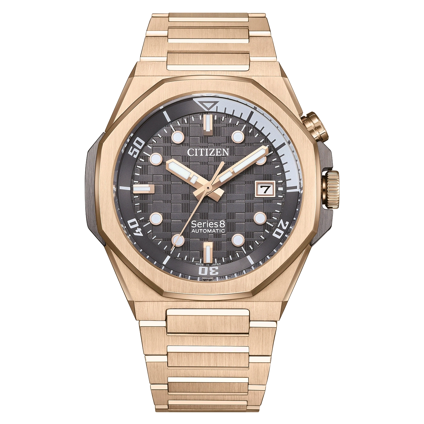 Gold Citizen Series 8 automatic watch with a black dial and date display.