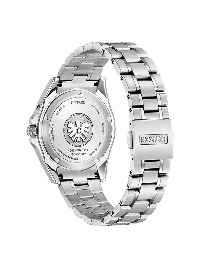 Citizen watch back with details: Eco-Drive, titanium, magnetic resistant, and more.