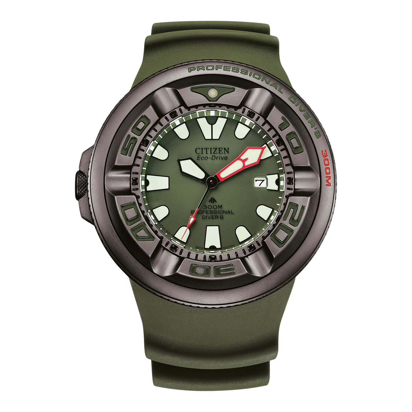 Citizen Eco-Drive watch, green dial, black bezel, professional diver's, 300M water resistant.