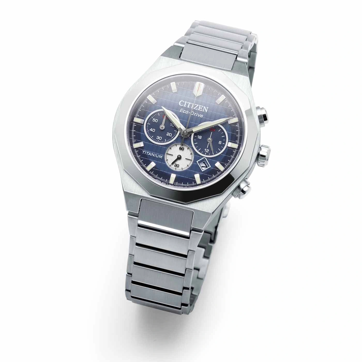 Citizen Eco-Drive titanium watch with blue face and chronograph features.