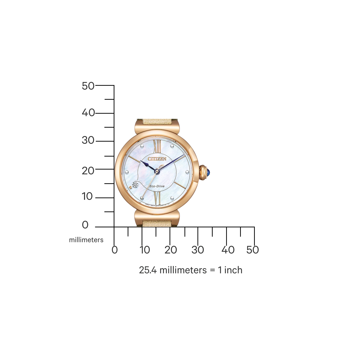 Citizen watch with scale in millimeters and inches, Eco-Drive technology.